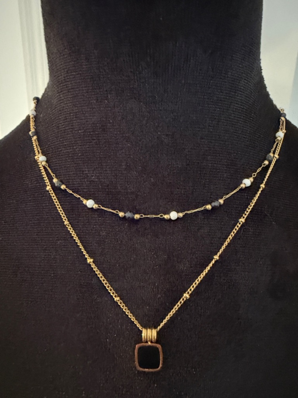 Delicate Gold Layered Necklace Set with Black and White Beads